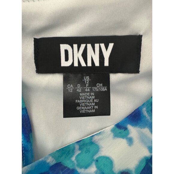 DKNY Blue Green Watercolor Print Chiffon Dress‎ Size 12 Short Bubble Sleeves - Picture 7 of 9